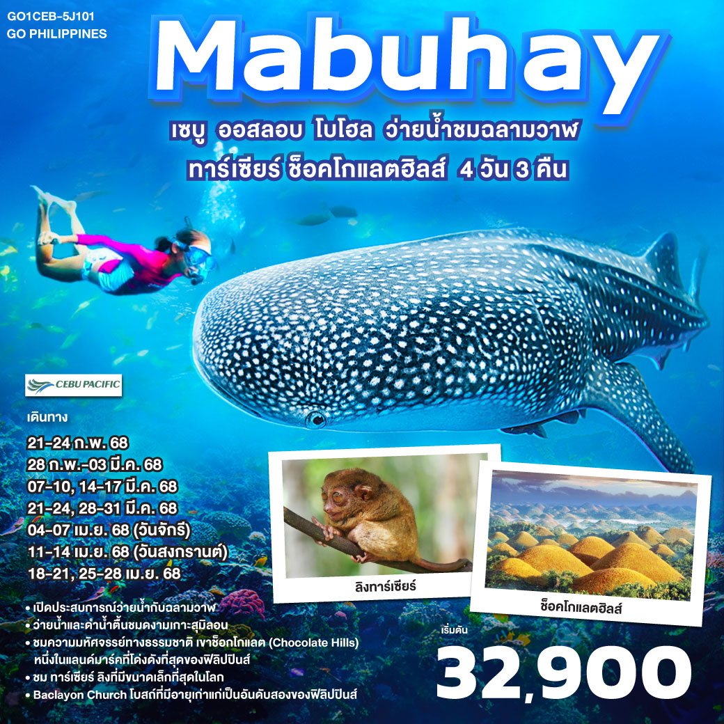 GO Philippines Mabuhay เซบู ออสลอบ โบโฮล ว่ายน้ำกับฉลามวาฬ ชมทาร์เซียร์ ช็อคโกแลตฮิลส์ 4วัน3คืน