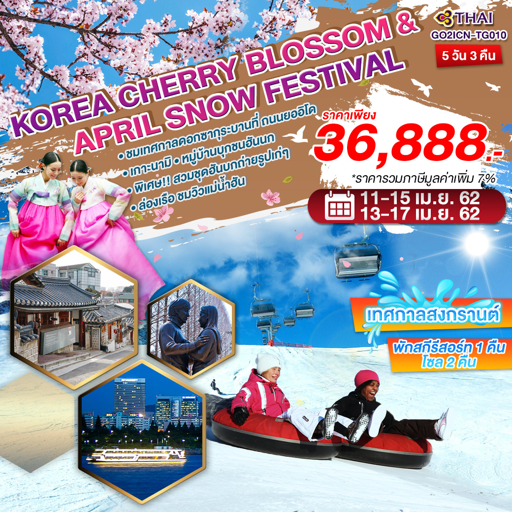 สงกรานต์ ทัวร์เกาหลี Cherry Blossom & April Snow Festival 5 วัน 3 คืน (TG) GO2ICN-TG010