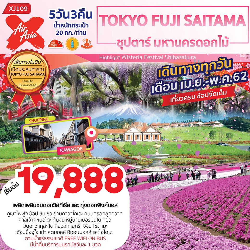 ทัวร์ญี่ปุ่น Tokyo Fuji  Saitama ซุปตาร์ มหานครดอกไม้ 5D3N (APR-MAY19) XJ109