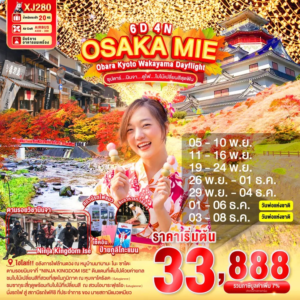 ซุปตาร์...นินจา...ดูไฟ...ใบไม้เปลี่ยนสี-OSAKA-MIE-OBARA-KYOTO-WAKAYAMA-DAYFLIGHT-6D-4N